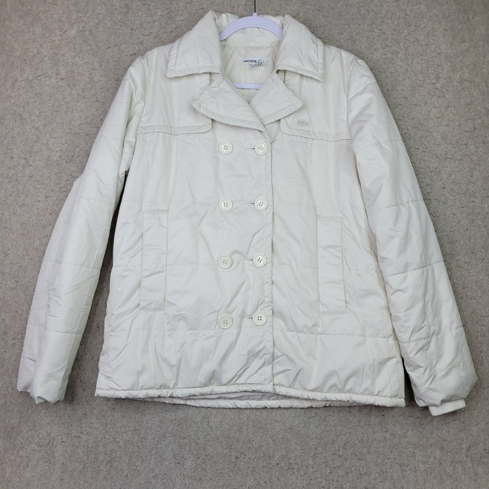 Lacoste Puffer Jacket Double‎ Breasted Womens Size 44 White Button Pea Coat